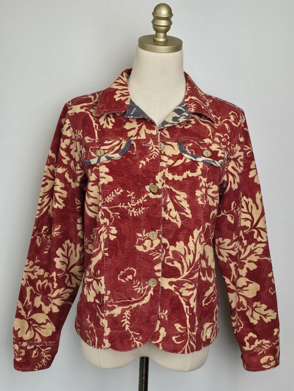 Vintage Coldwater Creek Denim Shirt Jacket Red Floral Cotton Shacket S